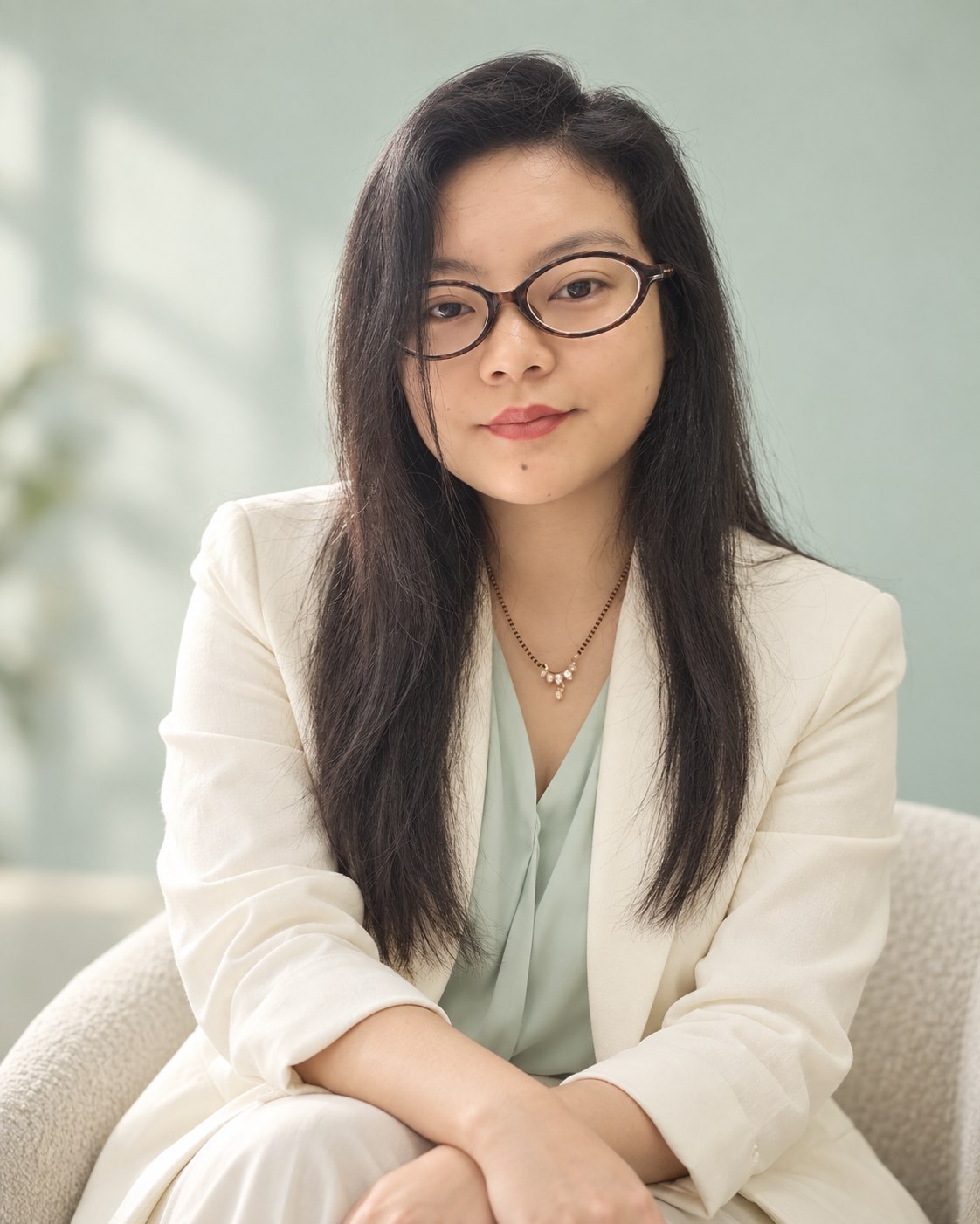 Sherine Moktan seated in a bright professional setting